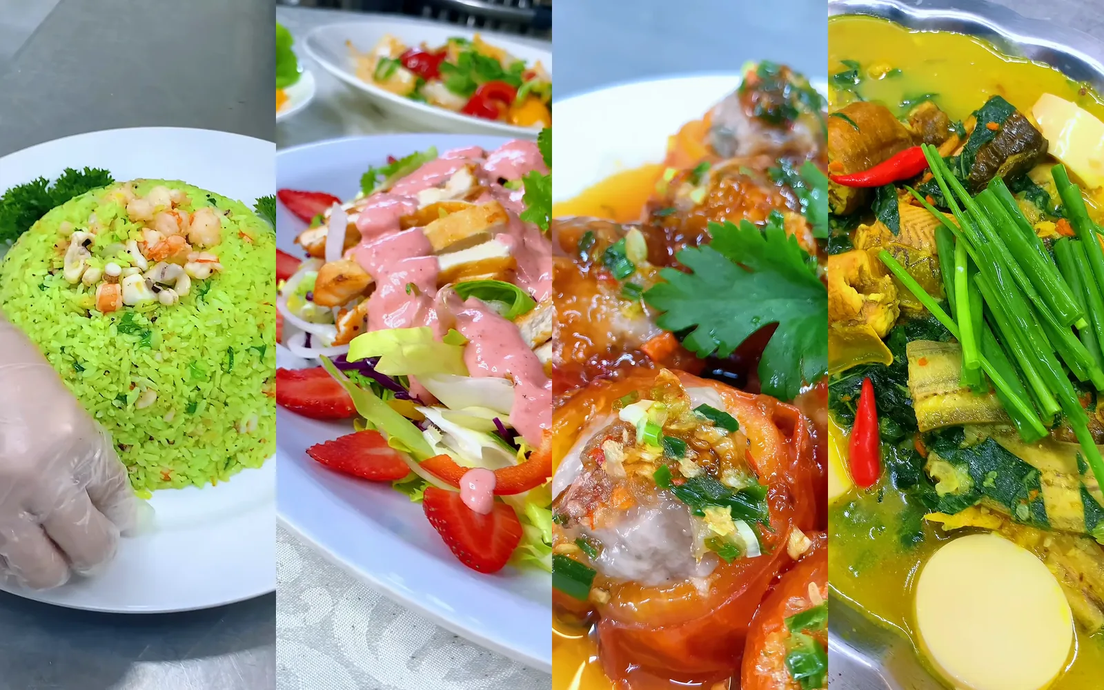 Bốn món trong Combo Tri Ân 500K cắt từ video khoá: cơm chiên hải sản Ngọc Bích, salad ức gà dâu tây, cà chua nhồi thịt sốt dầu hào, lươn um chuối mẻ — Bếp Cô Linh