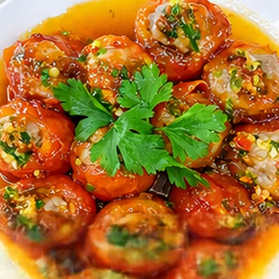 Cà chua nhồi thịt sốt dầu hào — món trong Combo Tri Ân 500K, Bếp Cô Linh