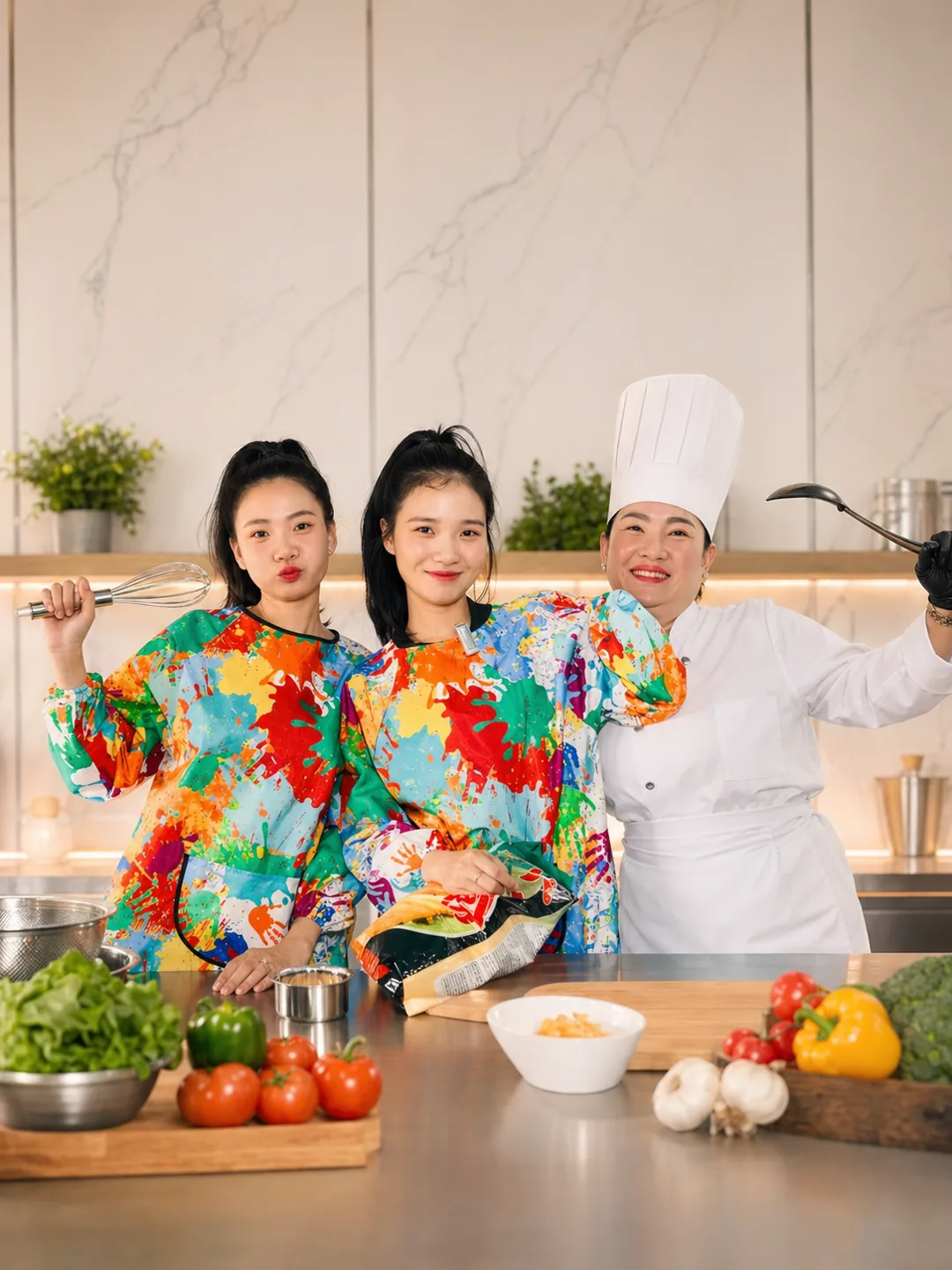 Cô Linh cùng hai con gái Đỗ Ý Nguyện và Đỗ Hoàng Nhi trong gian bếp