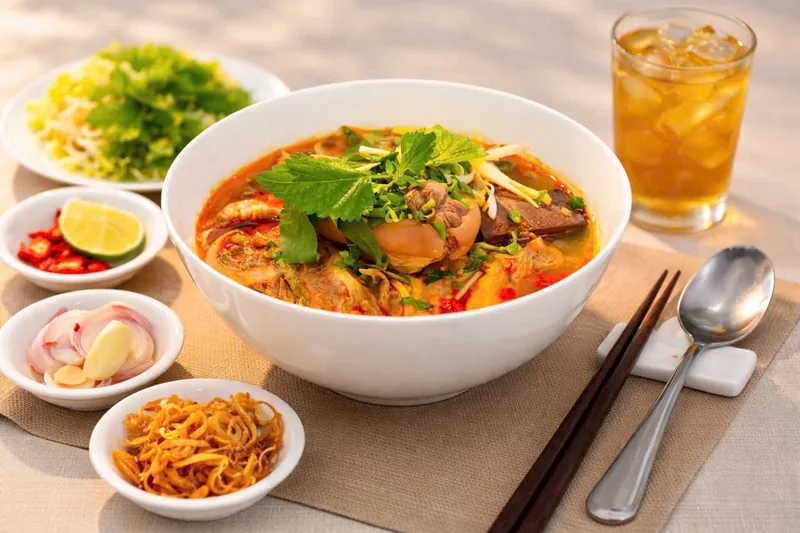 Tô bún bò Huế thành phẩm bày cùng rau sống, tóp mỡ, hành phi và đồ chua, món thật của Bếp Cô Linh