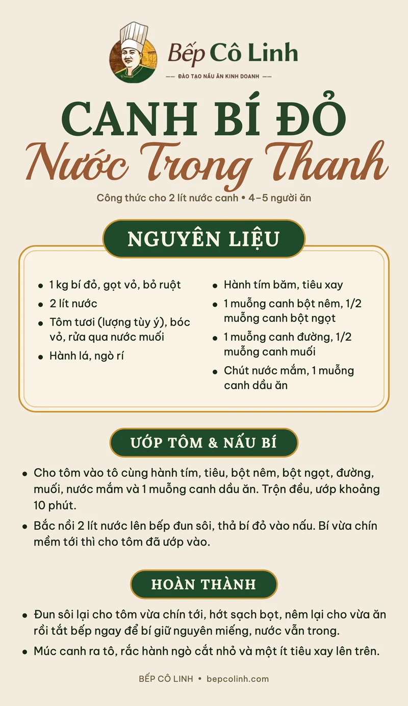 Tờ công thức canh bí đỏ của Bếp Cô Linh: nguyên liệu cho 2 lít nước canh, cách ướp tôm và nấu để nước trong