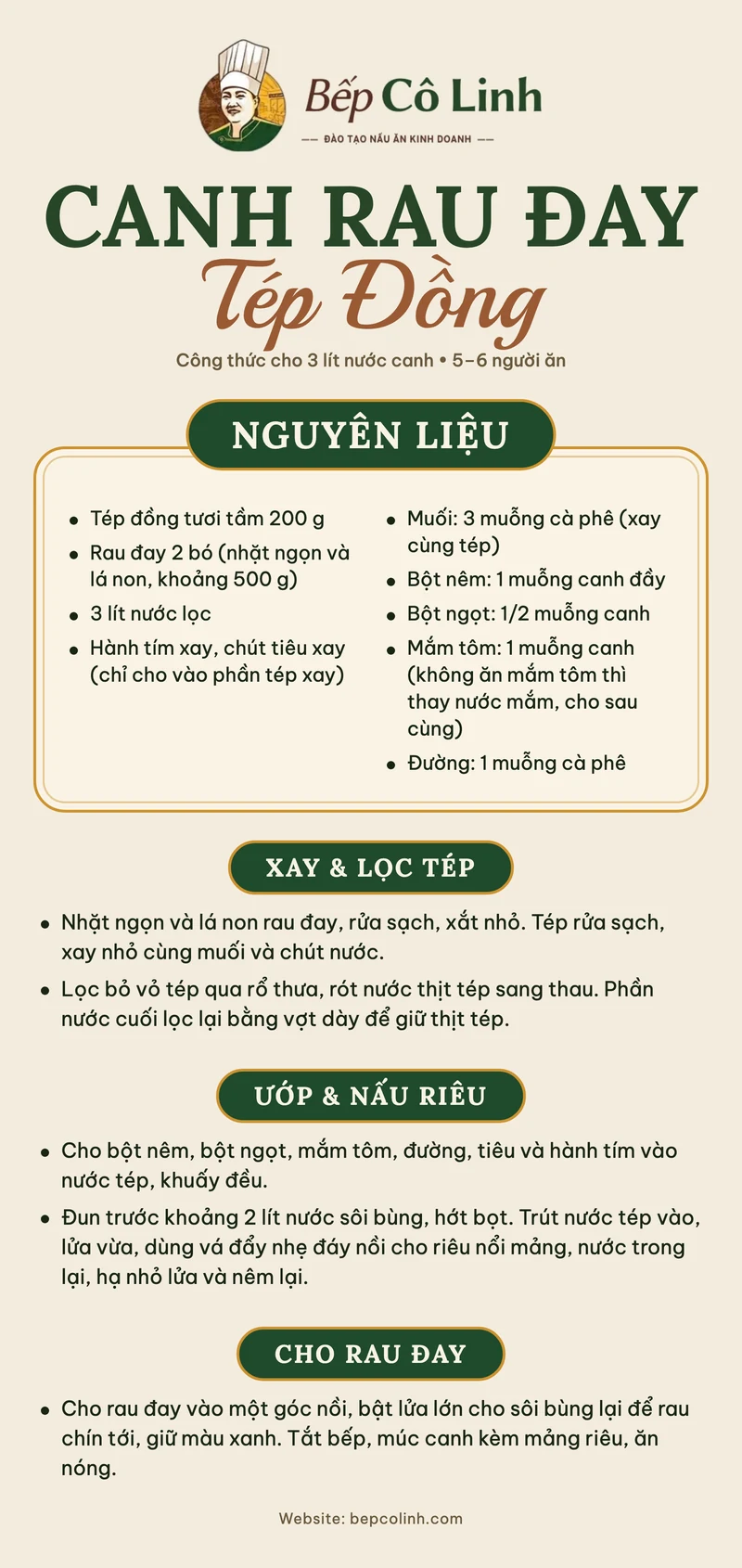 Tờ công thức canh rau đay tép đồng của Bếp Cô Linh: nguyên liệu cho 3 lít nước canh, cách xay lọc tép và nấu riêu nổi mảng