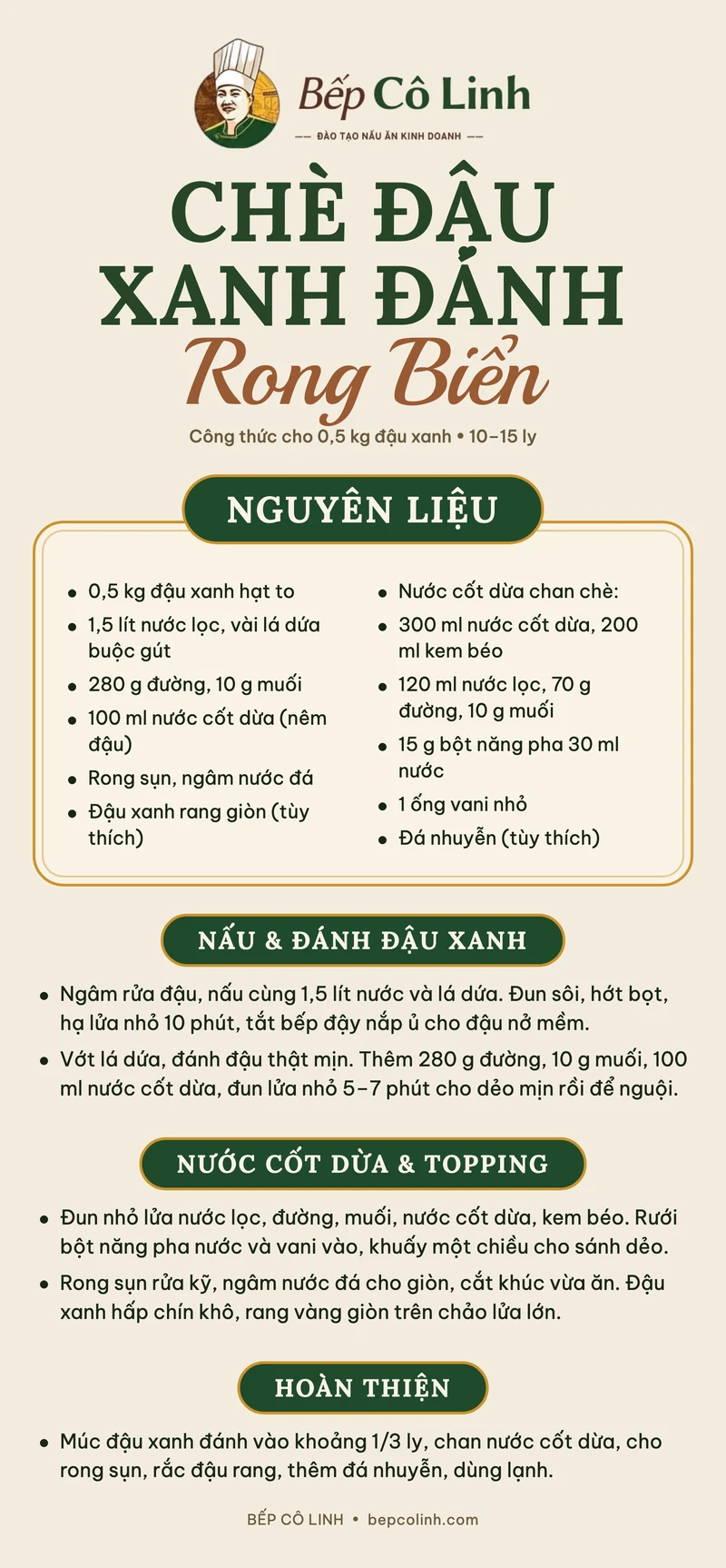 Tờ công thức chè đậu xanh đánh rong biển của Bếp Cô Linh: nguyên liệu cho 0,5 kg đậu xanh, các bước nấu đậu, nấu nước cốt dừa và hoàn thiện