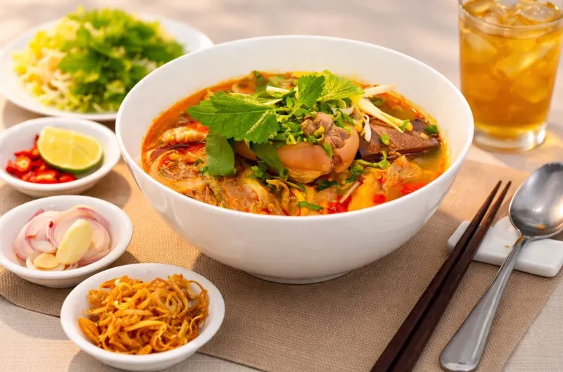 Tô bún bò Huế có giò heo, thịt và rau sống, kèm chén ớt, hành tỏi ngâm và hành phi